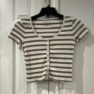 American Eagle Outfitters White and Black Striped Ribbed Button-Front Crop Top